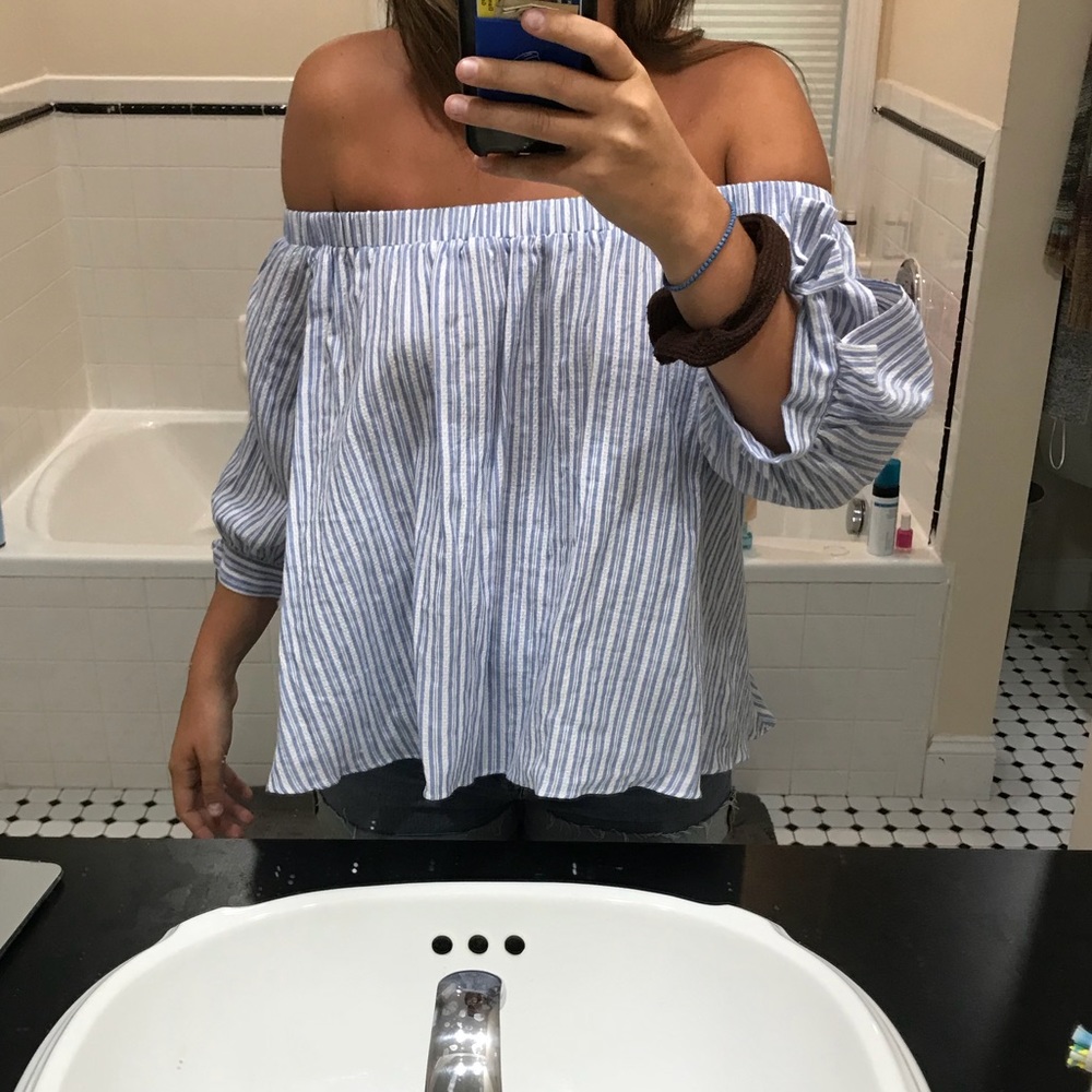 Off the shoulder blue and white striped blouse